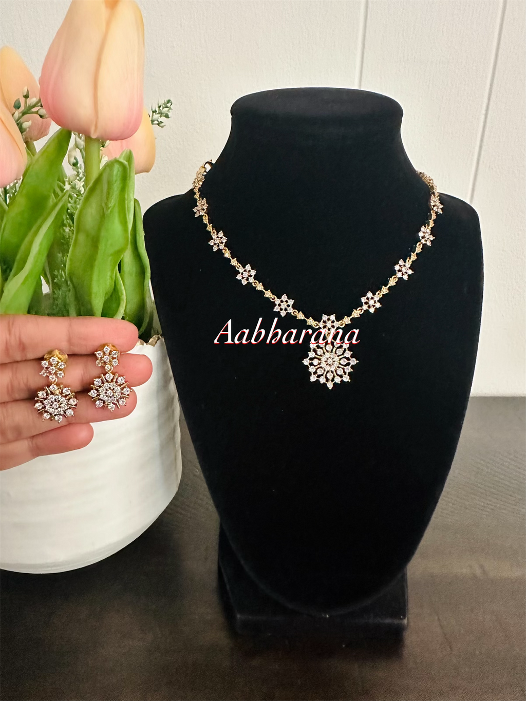 Imitation CZ flower necklace set