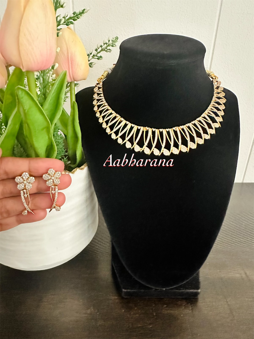 Imitation CZ and AD floral necklace set