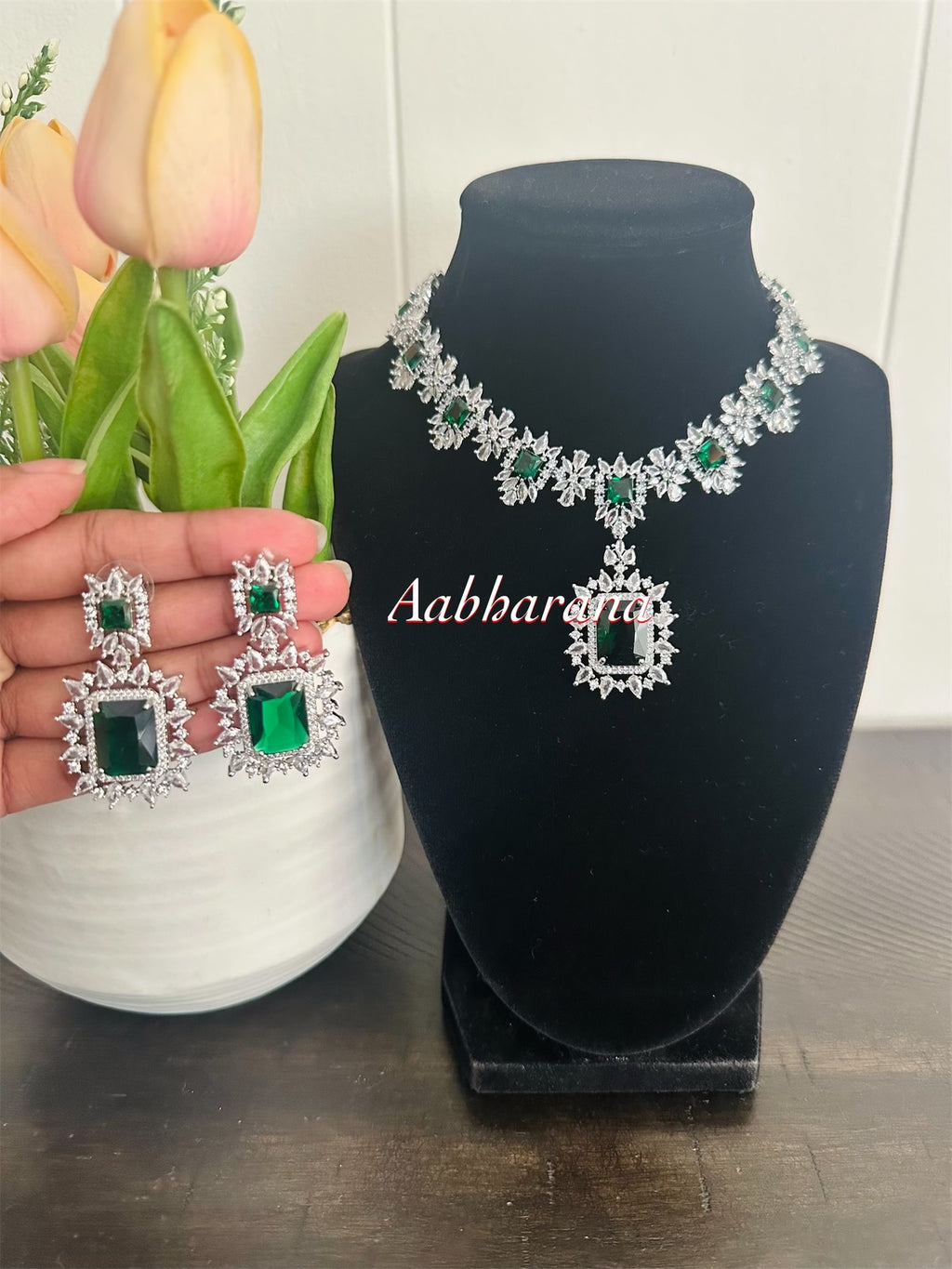 CZ and AD emerald necklace set