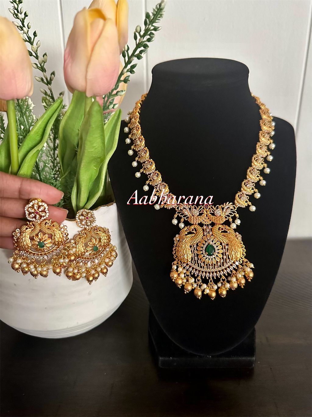 Imitation CZ and AD peacock necklace set