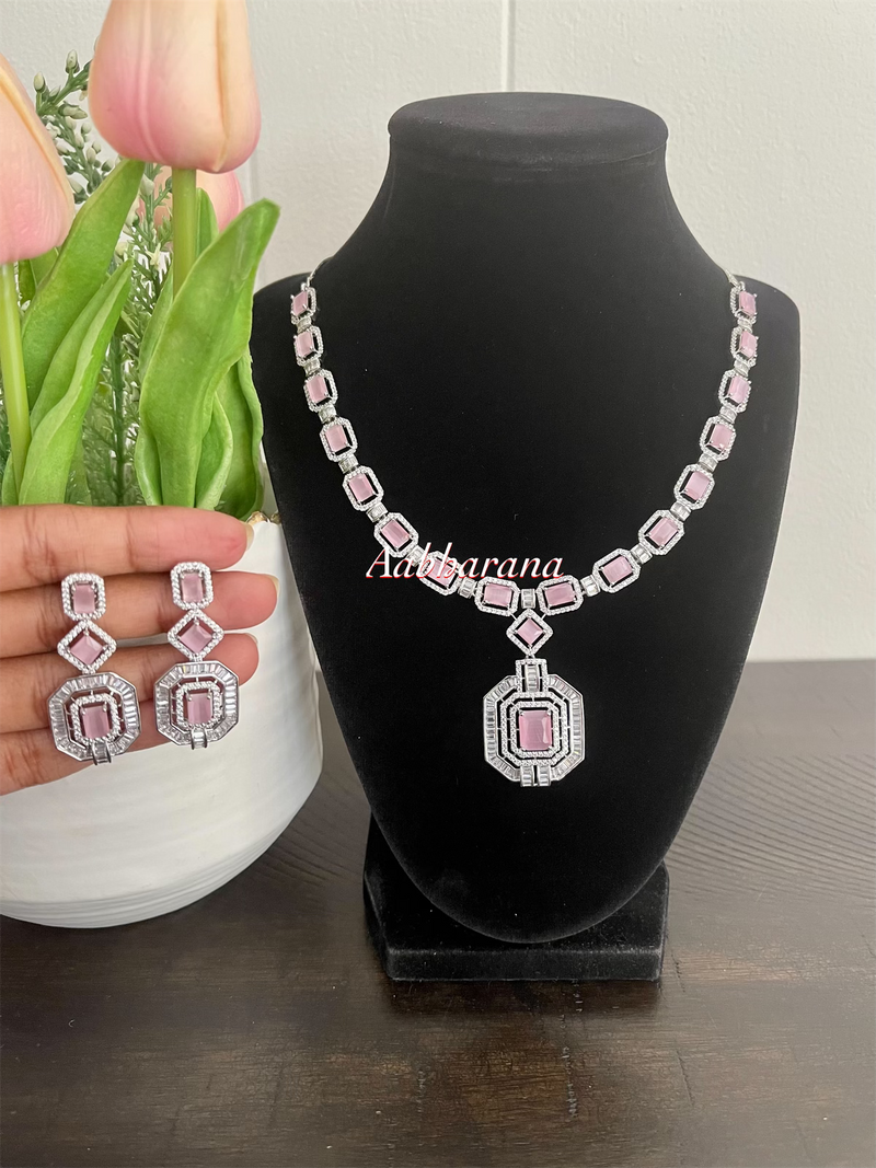 CZ pastel pink necklace set