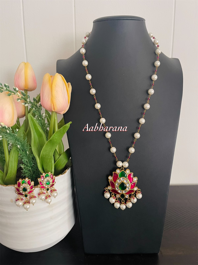 Kundan jadau lotus pearl chain set