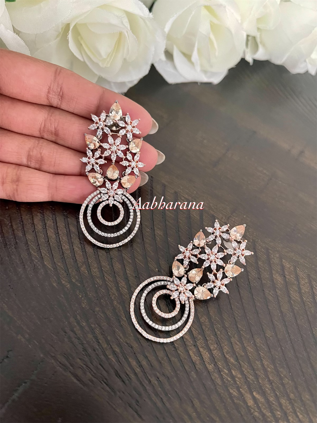 CZ two tone floral earrings