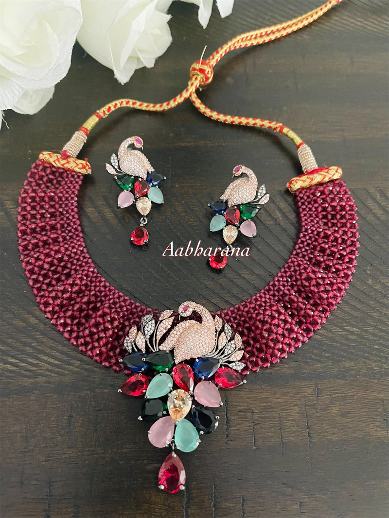 Imitation AD peacock bead necklace set