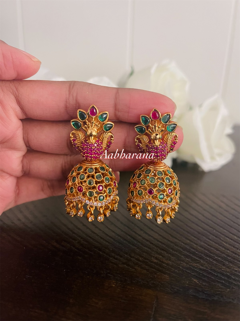 Imitation kemp peacock revolving jumka earrings