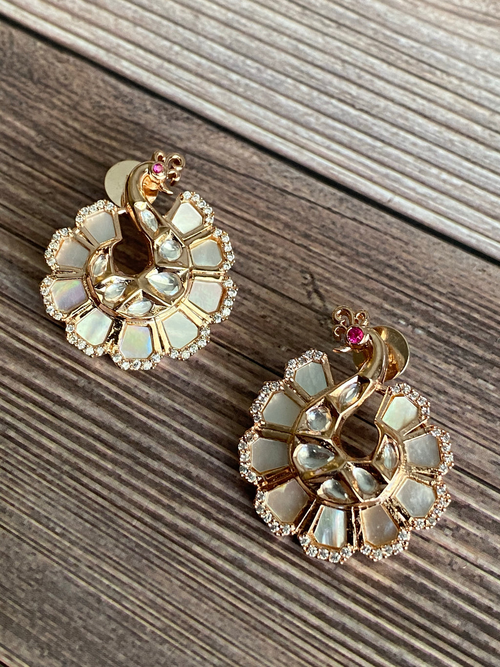 MOP peacock earrings with kundan stones