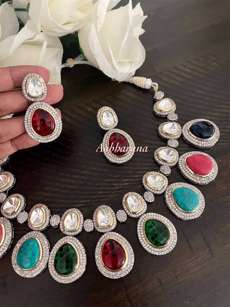Polki kundan multicolor stone necklace set