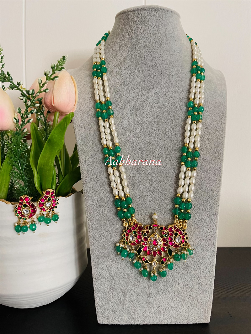 Kundan jadau peacock pearl chain set