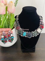 Multicolor carved stone fusion necklace set