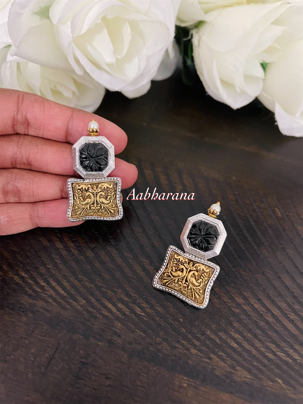 Carved stone fusion peacock stud earrings