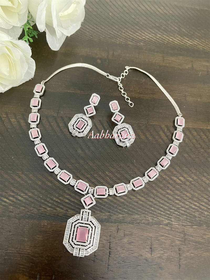 CZ pastel pink necklace set